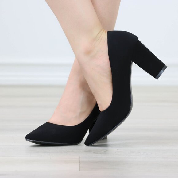 Classic Block High Heel Slip On Pointed Toe Pumps Black Nubuck - Picture 7 of 12
